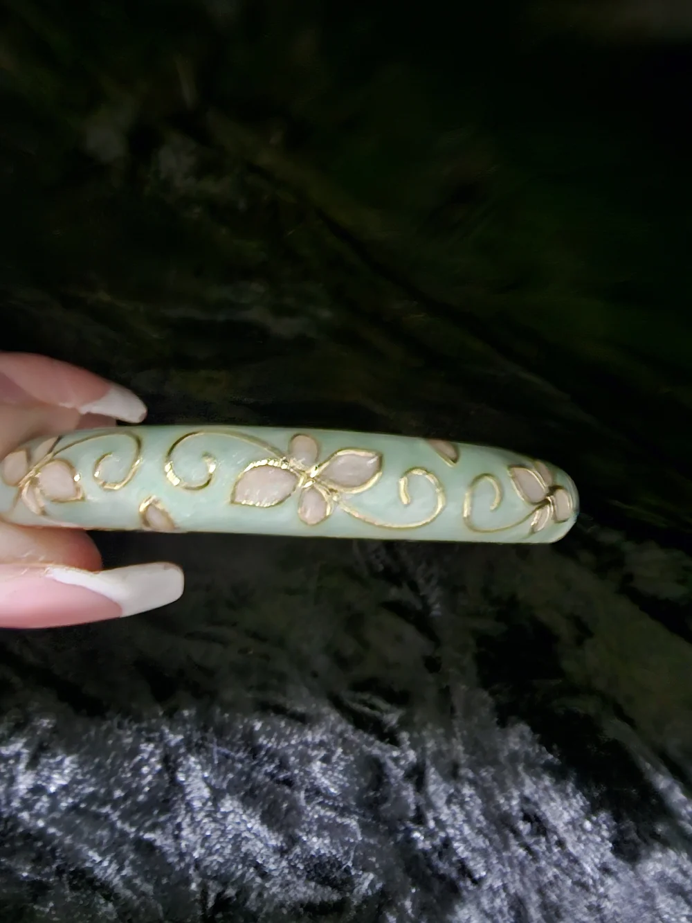 Gold-Plated Mint Green Floral Enamel Hinged Bangle Bracelet